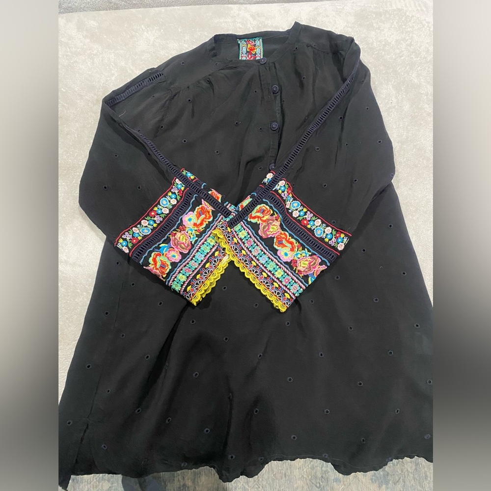 Johnny Was Tunic with Bright Multicolor Embroidered Cuffs